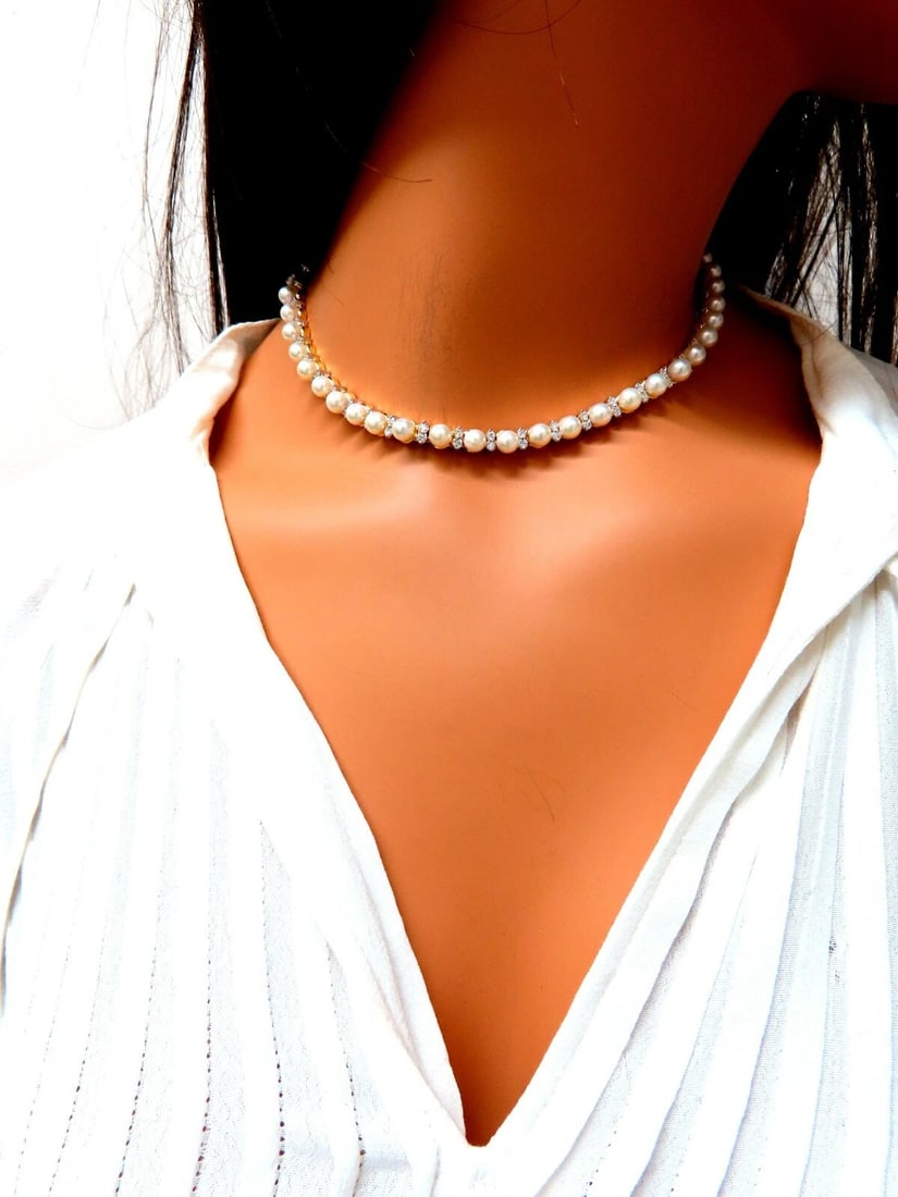 3.03ct Natural Akoya Pearls & Diamonds Riviera Necklace 14kt - 5