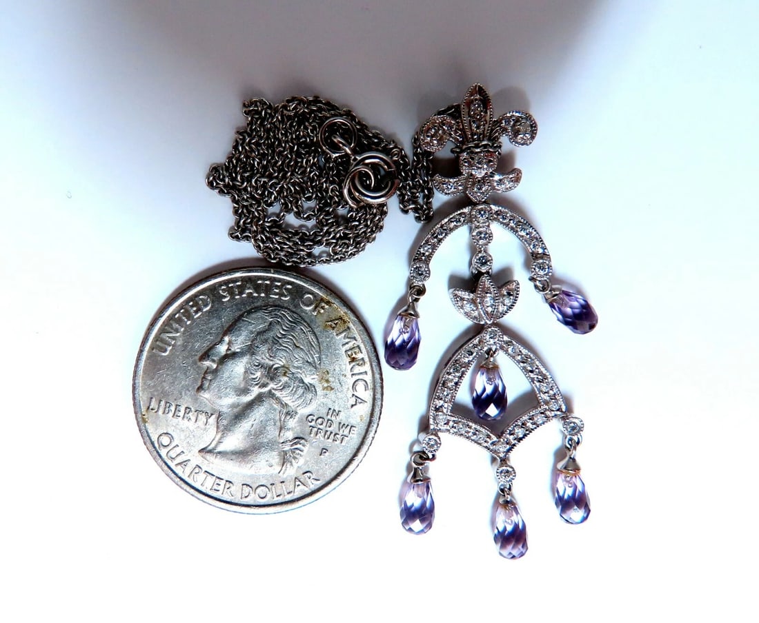 2.50ct Natural Briolette Amethyst Diamonds English Crest Dangle Necklace 14kt - 3