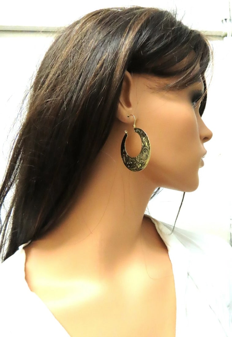 Tibetan Crescent Carved Gold Earrings 14kt 1.6 inch - 3