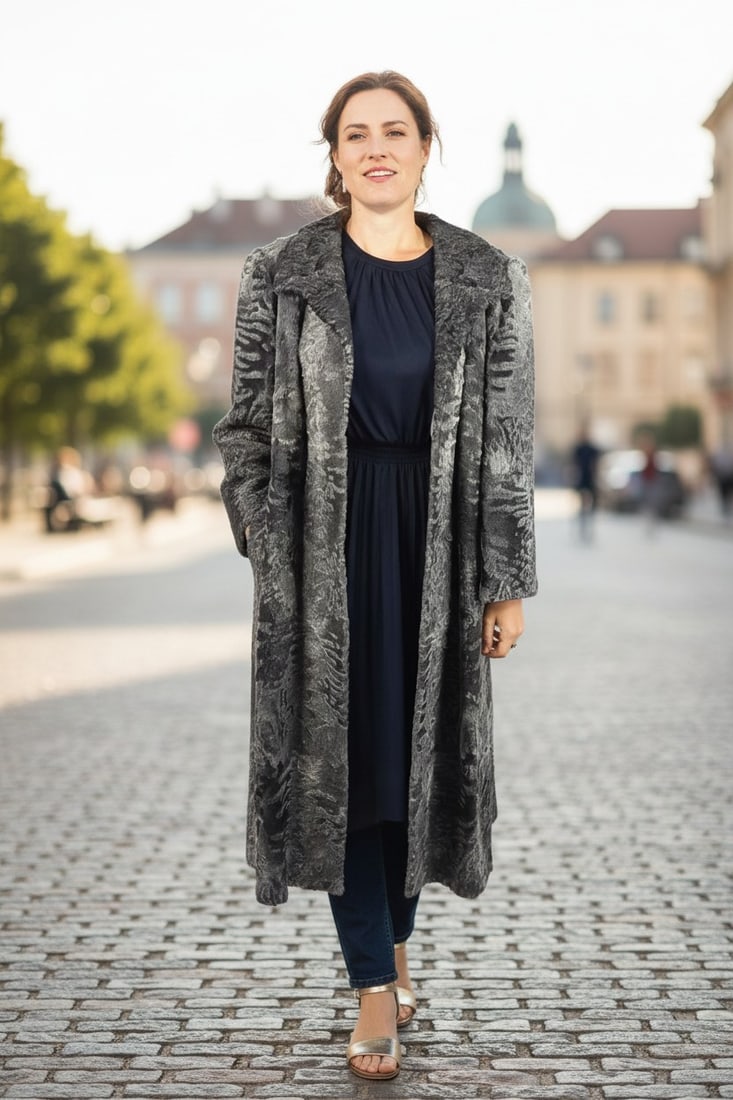 SILVER GREY PERSIAN LAMB FUR COAT EU: XL ; US: 20 (1 of 8)