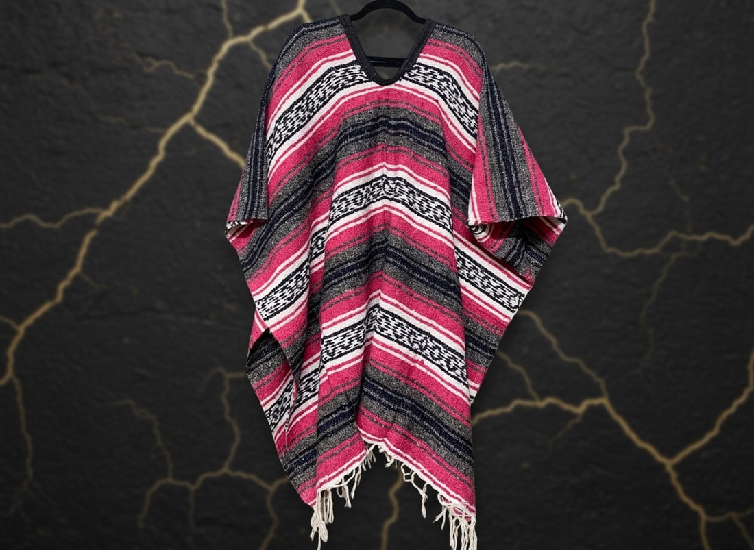 Mexican Falsa Blanket Style Poncho with Fringe Adult Size (1 of 1)