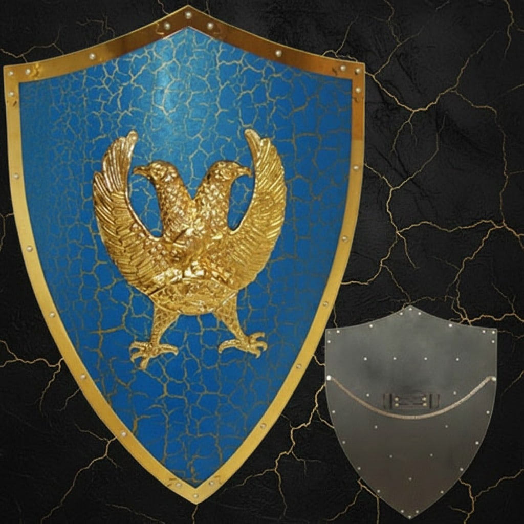 Blue & Gold Double Headed Eagle Knight Shield Medieval Wall Decor 25 Inch (1 of 1)
