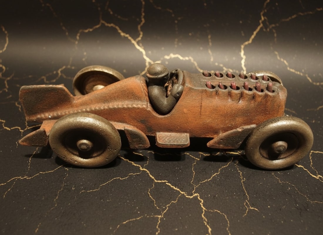 Heavy Cast Iron Toy Racing Car Moving Flame Detail Vintage Style Figurine - 3