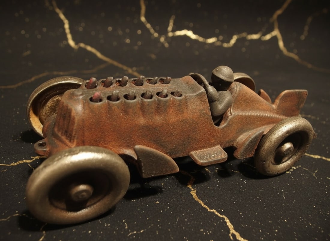 Heavy Cast Iron Toy Racing Car Moving Flame Detail Vintage Style Figurine - 5