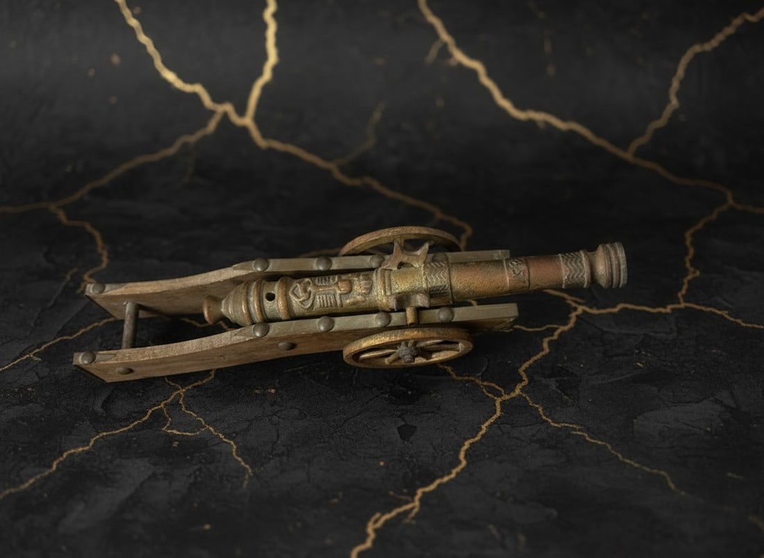 13" Vintage Brass Miniature Artillery Cannon on Wooden Base European Style - 2