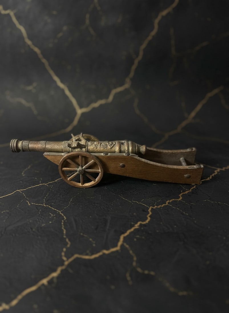 13" Vintage Brass Miniature Artillery Cannon on Wooden Base European Style - 3