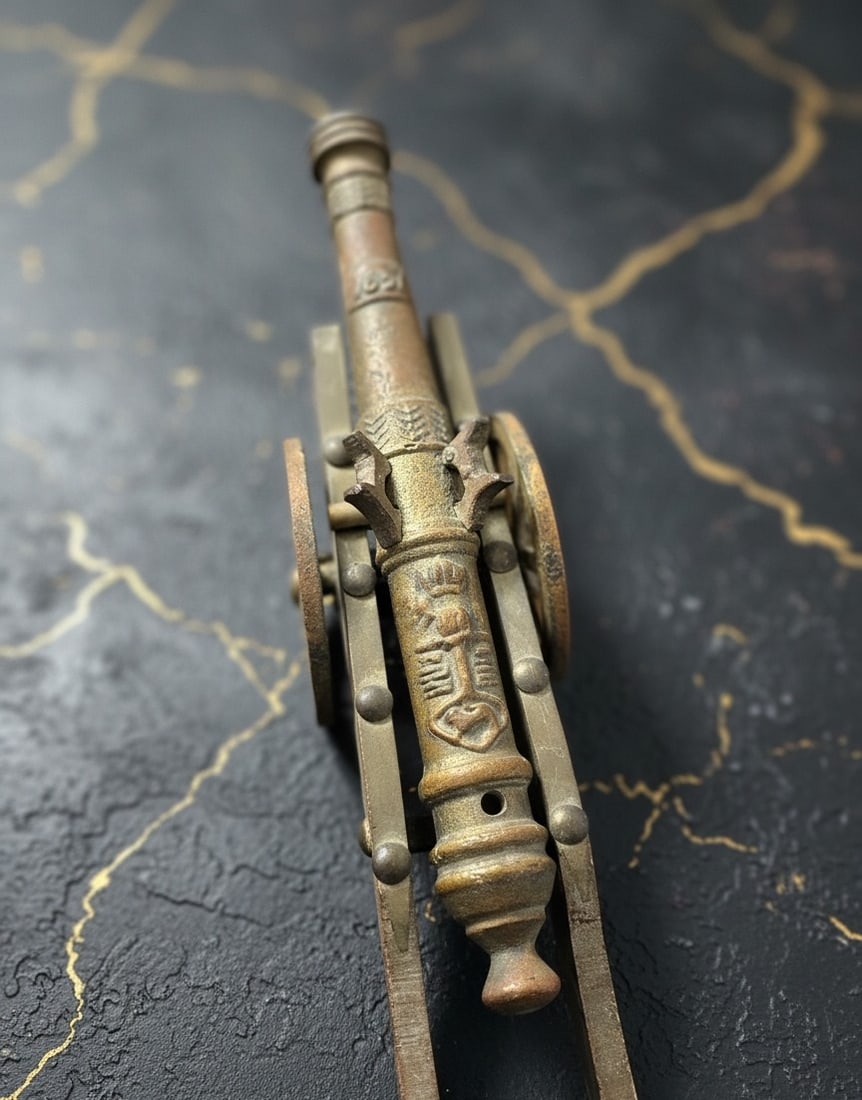 13" Vintage Brass Miniature Artillery Cannon on Wooden Base European Style - 4