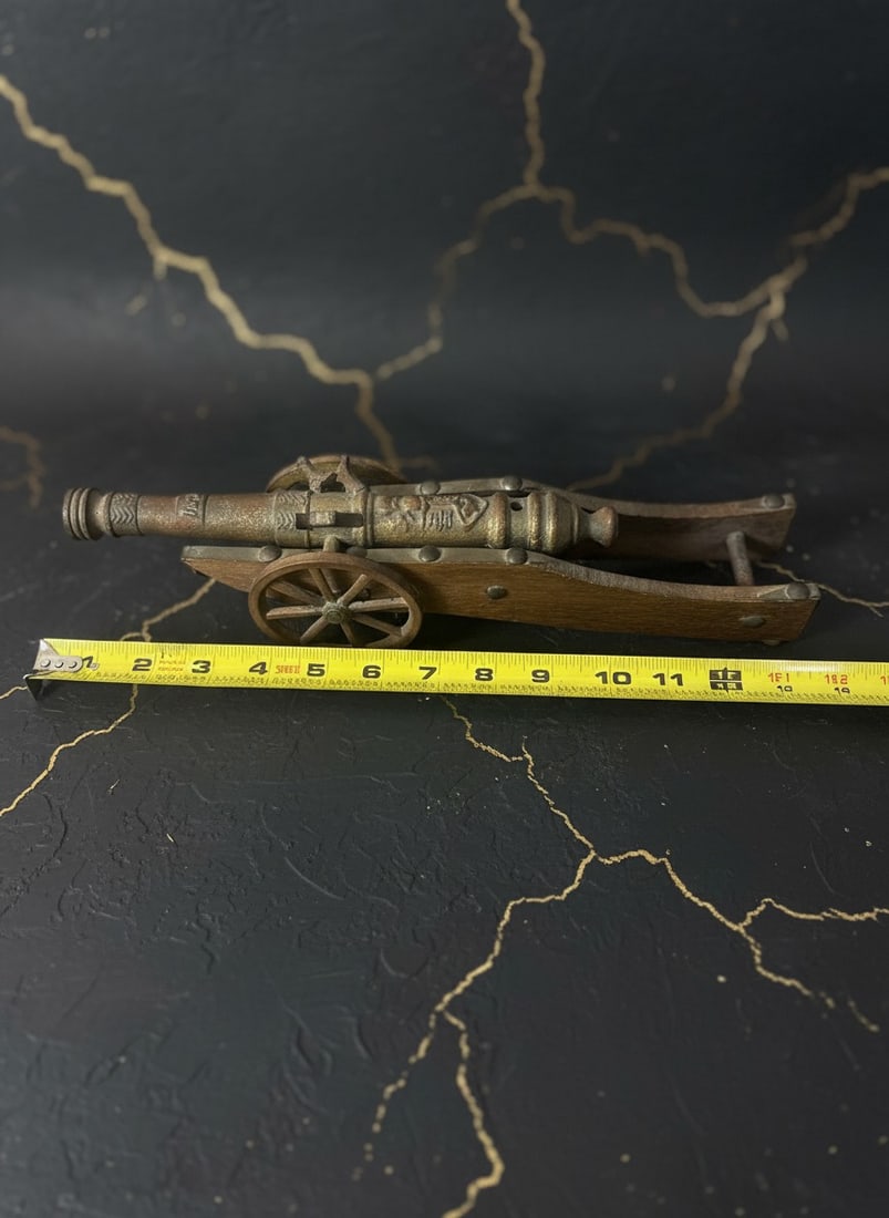 13" Vintage Brass Miniature Artillery Cannon on Wooden Base European Style - 8