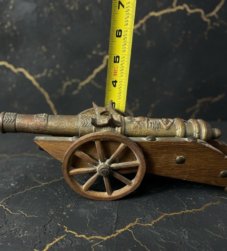 13" Vintage Brass Miniature Artillery Cannon on Wooden Base European Style - 9