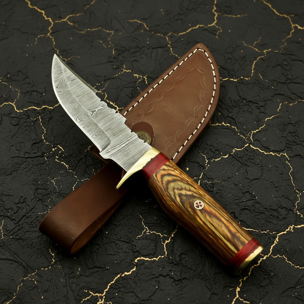Handmade Damascus Steel Skinning Knife Fixed Blade Hunting Tool with Sheath - 3