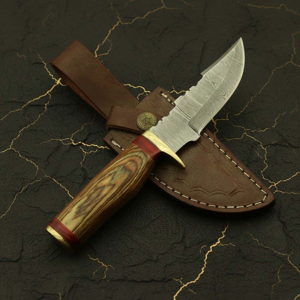 Handmade Damascus Steel Skinning Knife Fixed Blade Hunting Tool with Sheath - 4