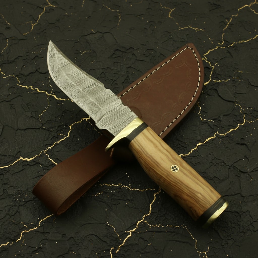 Handmade Damascus Steel Skinning Knife Fixed Blade Hunting Tool with Sheath - 5