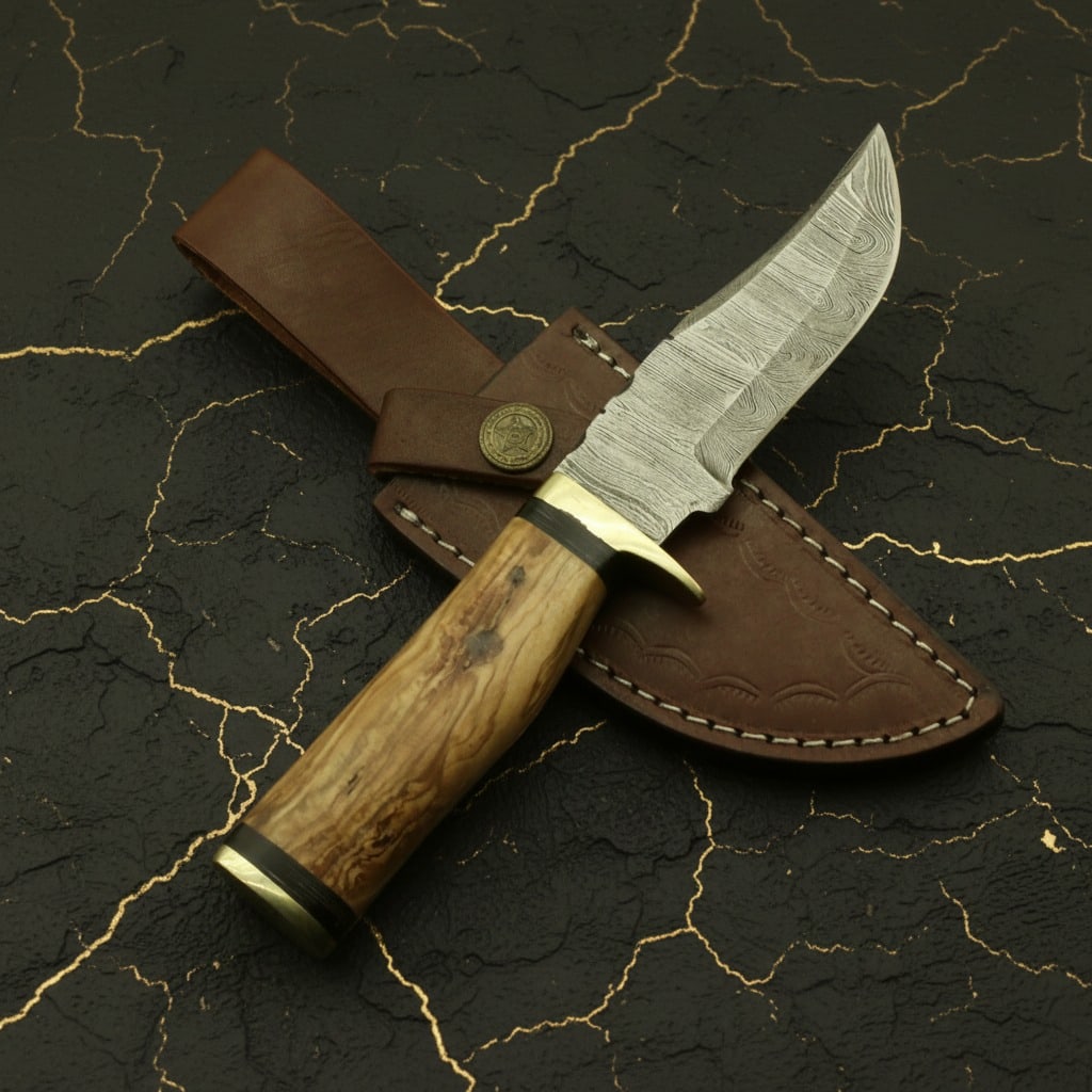Handmade Damascus Steel Skinning Knife Fixed Blade Hunting Tool with Sheath - 6