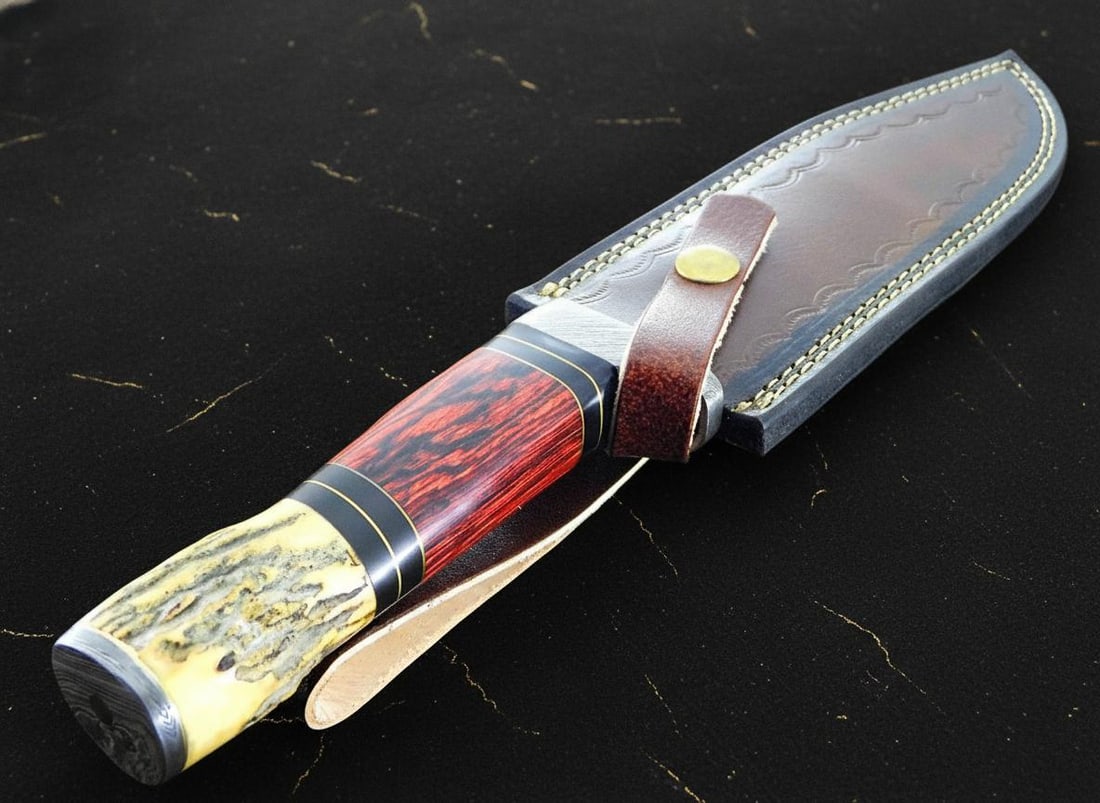 Custom Forged Damascus Steel Bowie Knife 13.5" with Stag Horn & Wood Handle for Hunting - 12