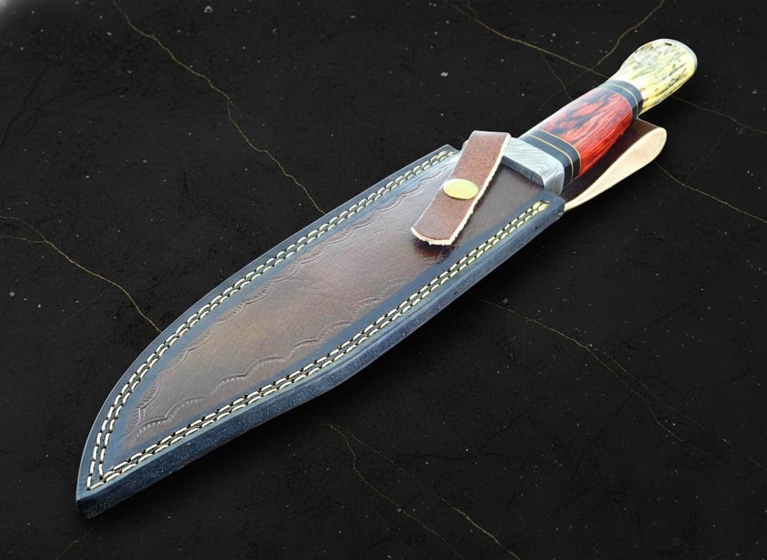 Custom Forged Damascus Steel Bowie Knife 13.5" with Stag Horn & Wood Handle for Hunting - 13