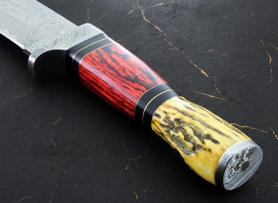 Custom Forged Damascus Steel Bowie Knife 13.5" with Stag Horn & Wood Handle for Hunting - 6