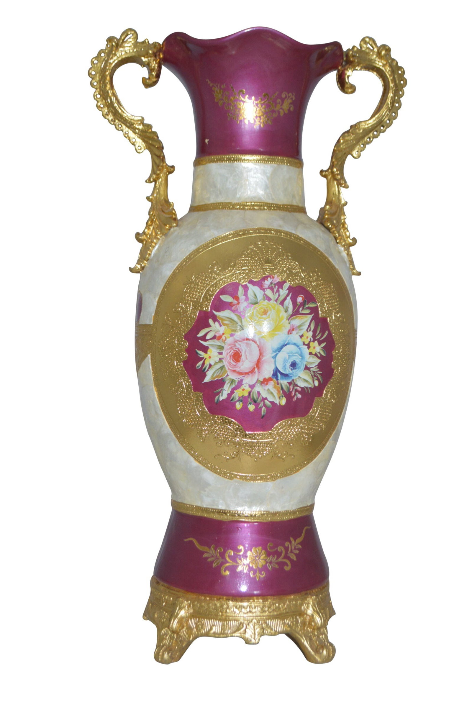 Decoration Vase White Gold and Pink - Size: 15"L x 9"W x 28"H.: Title:Decoration Vase White Gold and Pink - Size: 15"L x 9"W x 28"H. Description:A beautiful large size Decoration Vase (French Vase replica) with White Gold and Pink soft colors, may be sold in