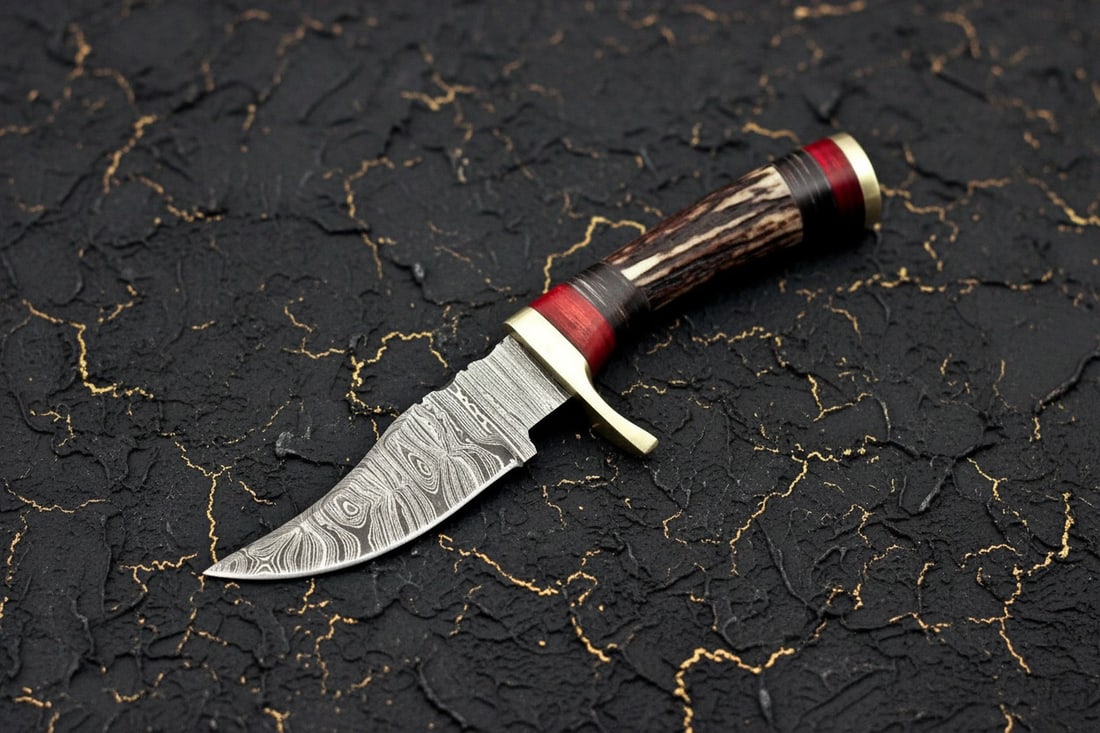 Handcrafted Damascus Steel Hunting Knife, Stag Antler Grip & Leather Sheath - 3