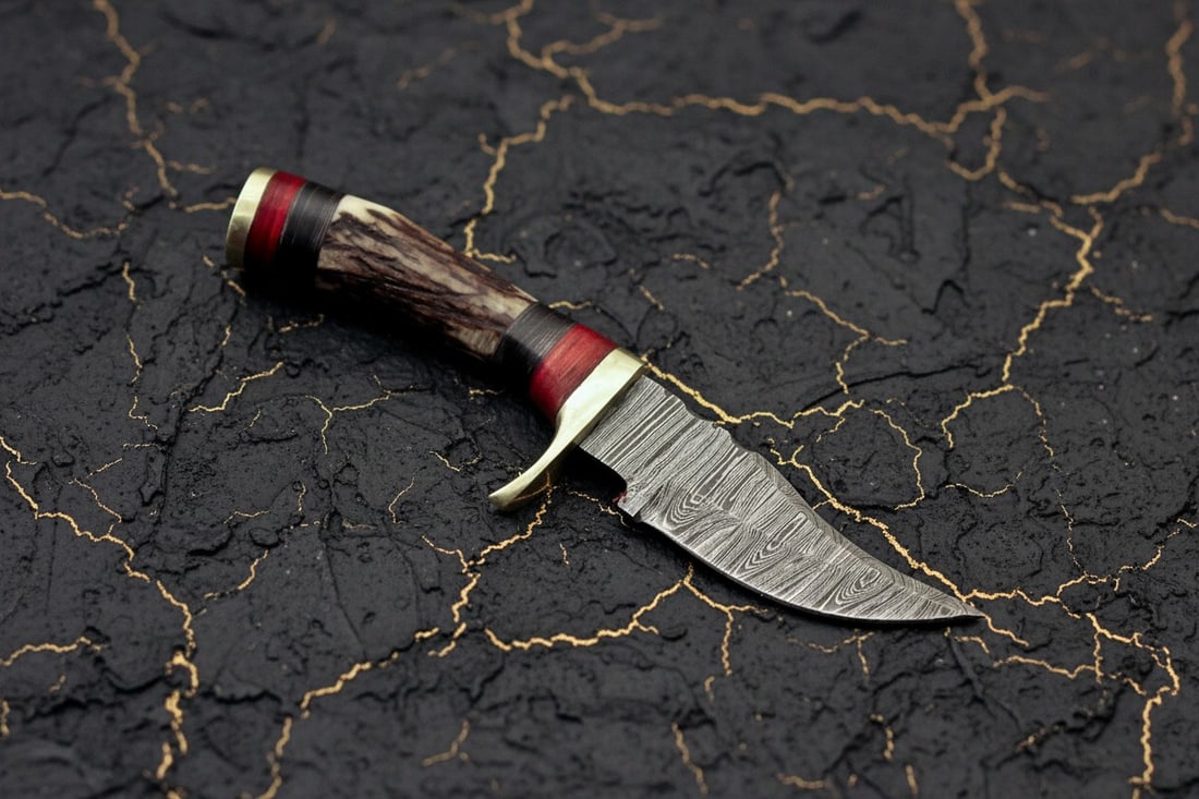 Handcrafted Damascus Steel Hunting Knife, Stag Antler Grip & Leather Sheath - 4