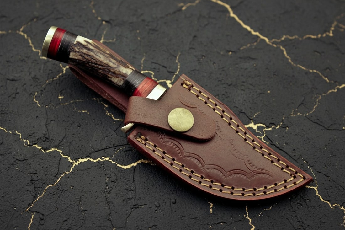 Handcrafted Damascus Steel Hunting Knife, Stag Antler Grip & Leather Sheath - 5