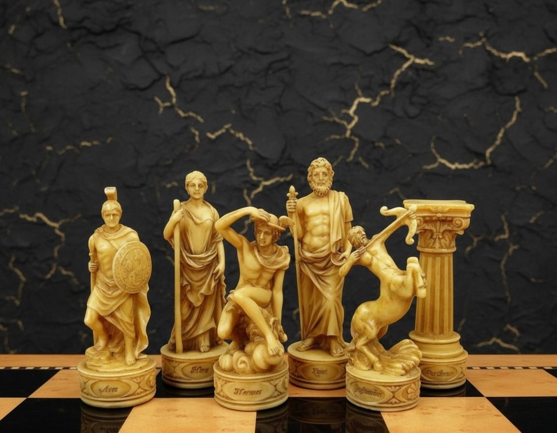 Ancient Greek Deity Chessmen Figures Zeus Hera Olympian Mythology Set No Board: Title:Ancient Greek Deity Chessmen Figures Zeus Hera Olympian Mythology Set No Board Description:This set of hand painted chess pieces features highly detailed mythological figures crafted from solid