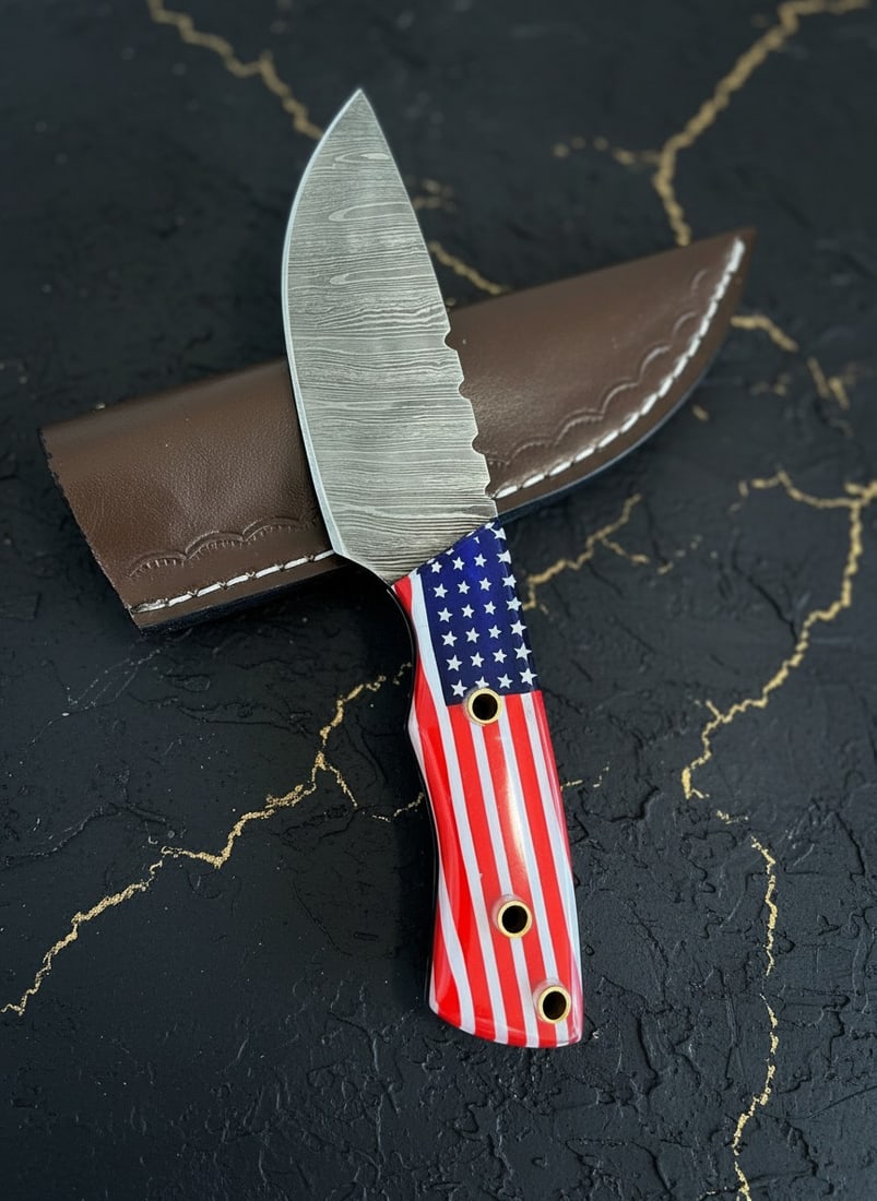 8" Custom Damascus Skinning Knife, Patriotic Flag Handle, Leather Sheath: Title:8" Custom Damascus Skinning Knife, Patriotic Flag Handle, Leather Sheath Description:This handcrafted knife features a durable construction and comes with a matching cowhide leather sheath as