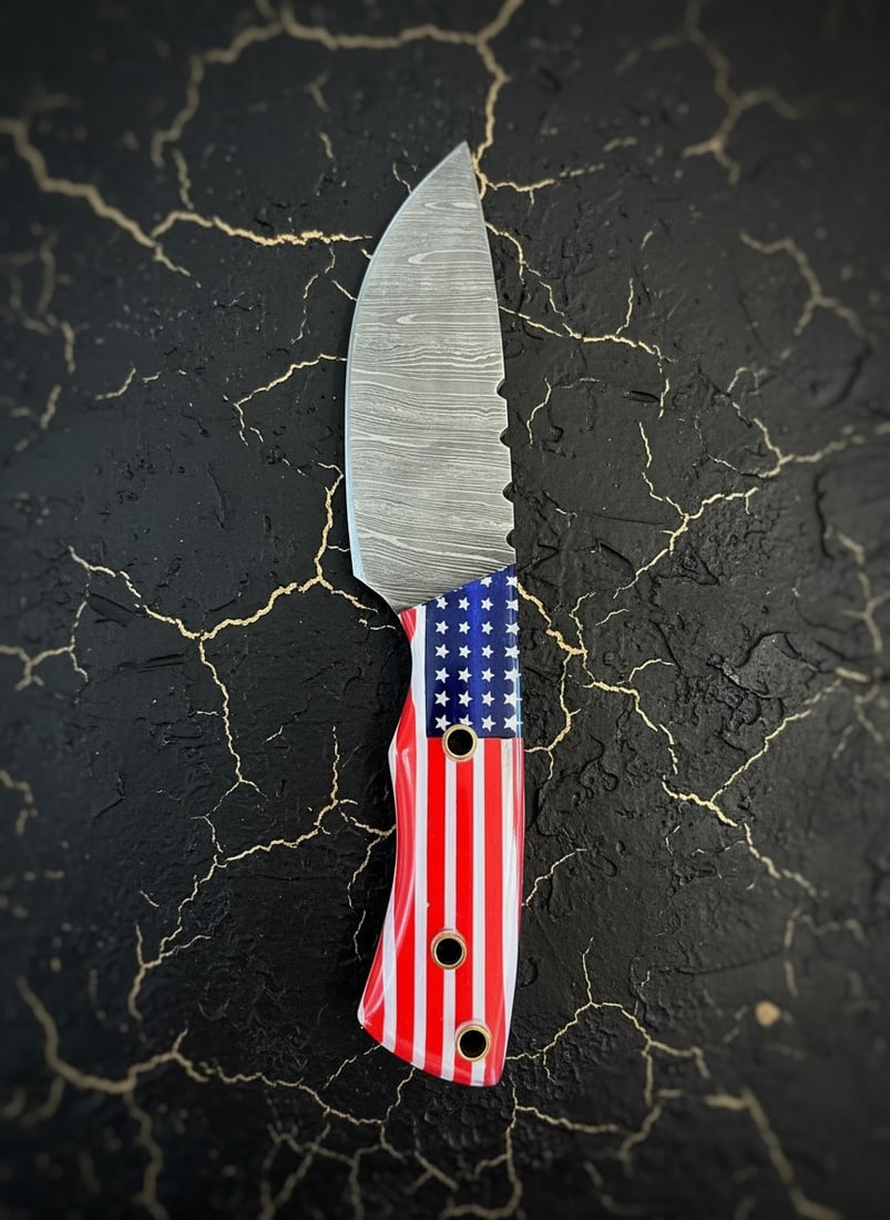 8" Custom Damascus Skinning Knife, Patriotic Flag Handle, Leather Sheath - 2