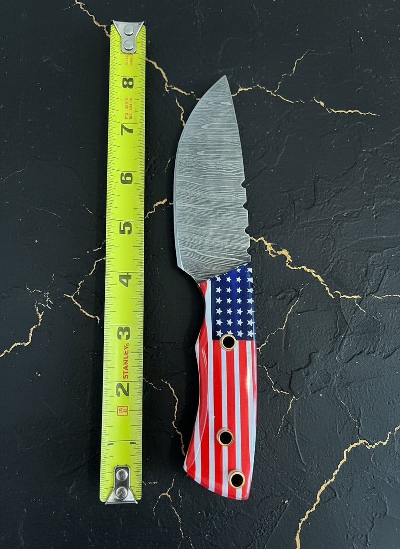 8" Custom Damascus Skinning Knife, Patriotic Flag Handle, Leather Sheath - 3