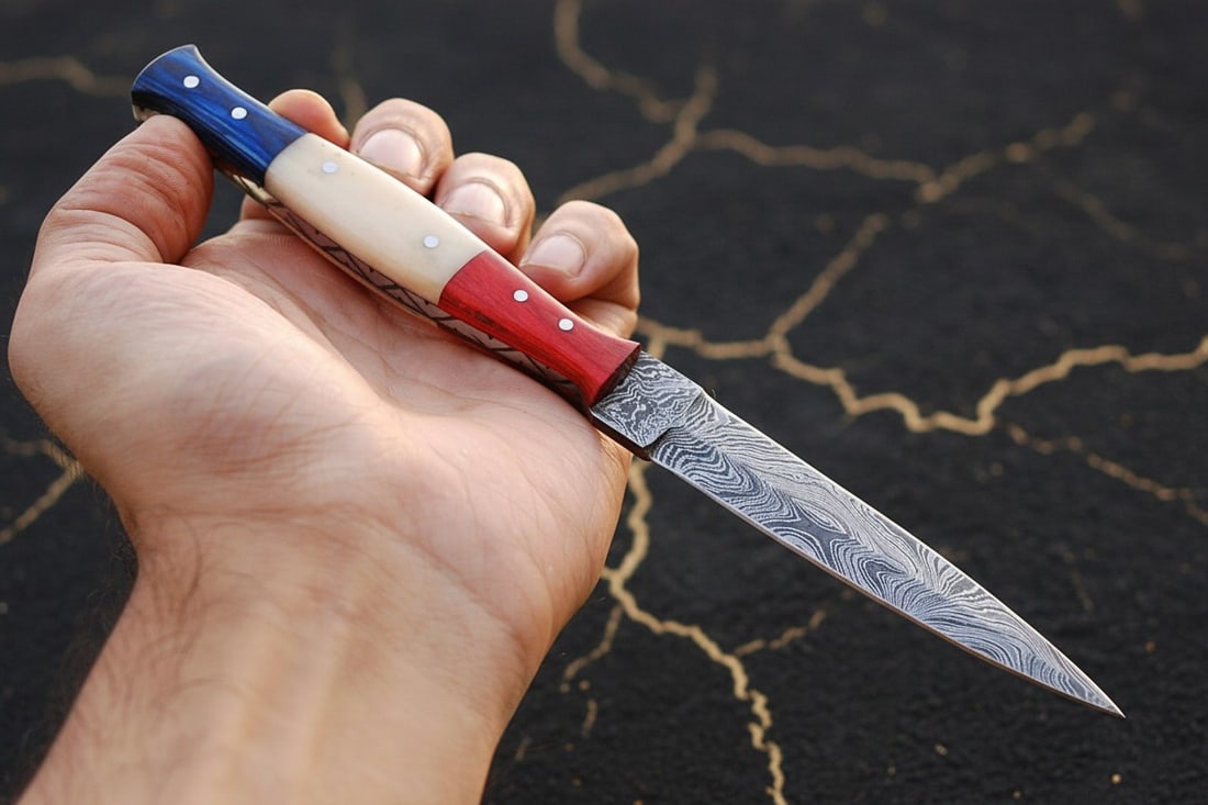 Hand Forged Damascus Steel Boot Dagger Hunting Knife with Leather Sheath - 2