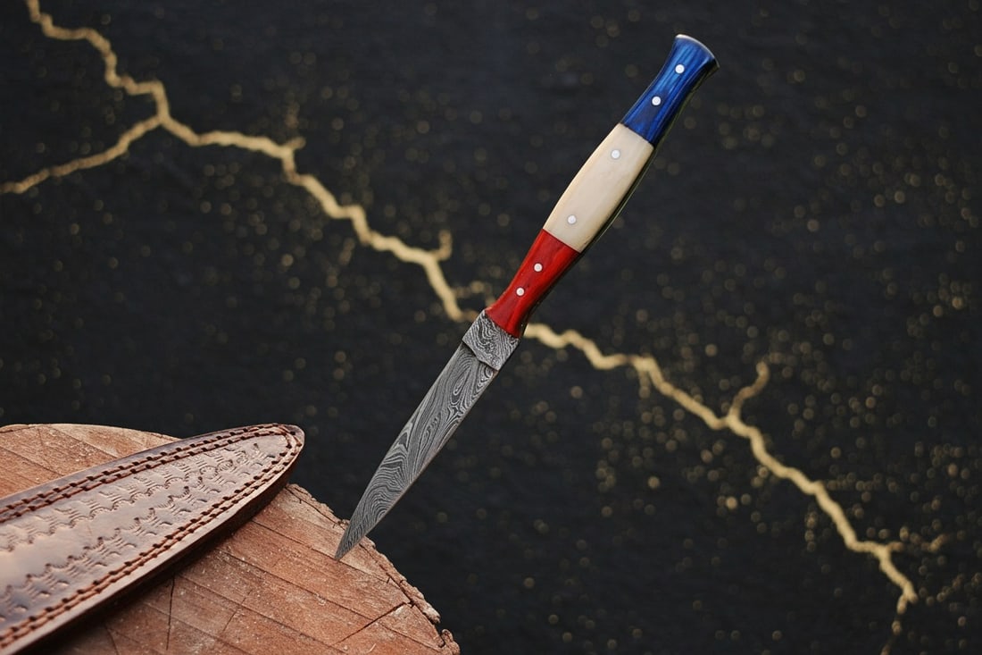 Hand Forged Damascus Steel Boot Dagger Hunting Knife with Leather Sheath - 3