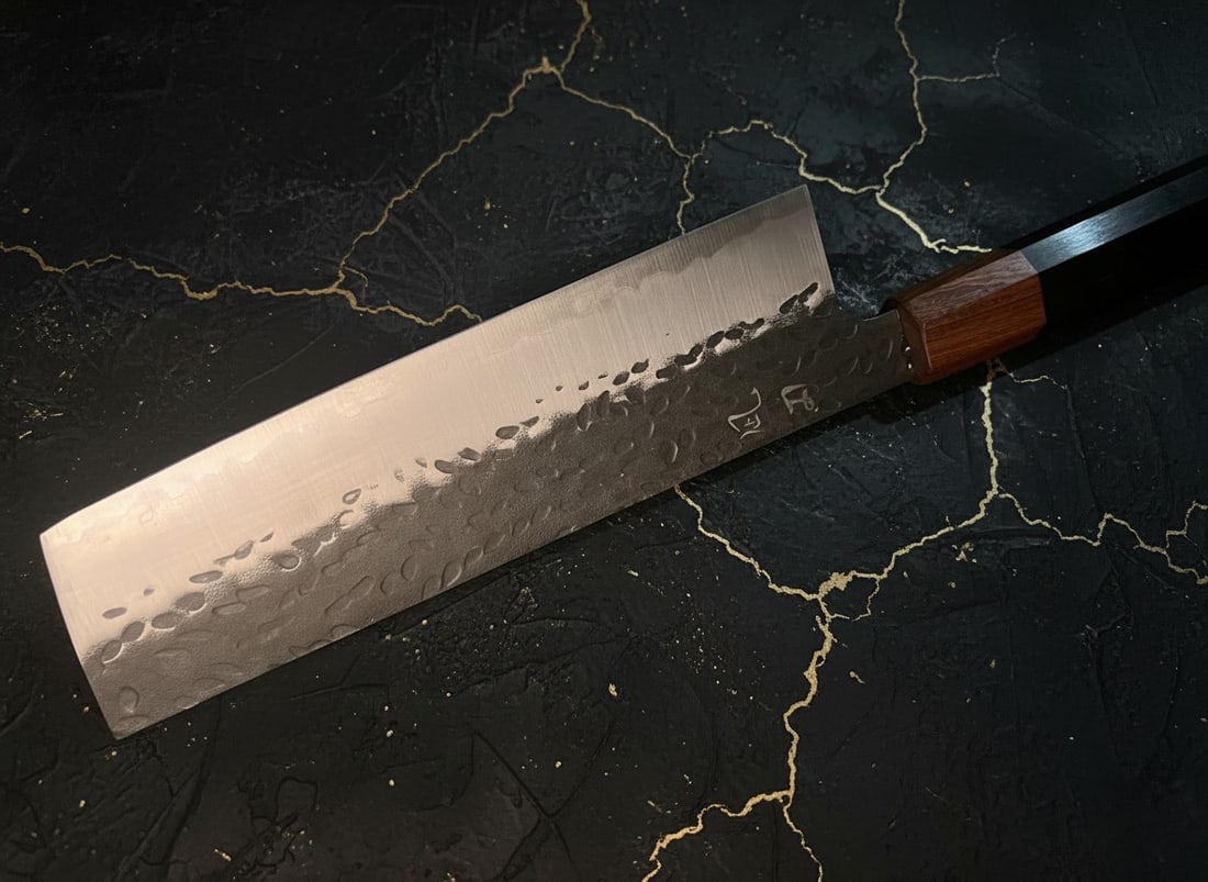7" Hammered Vegetable Cleaver, 9Cr18 Steel Kurouchi Nakiri, Wood Handle - 2