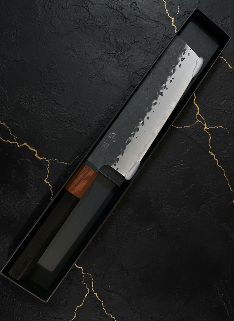 7" Hammered Vegetable Cleaver, 9Cr18 Steel Kurouchi Nakiri, Wood Handle - 3