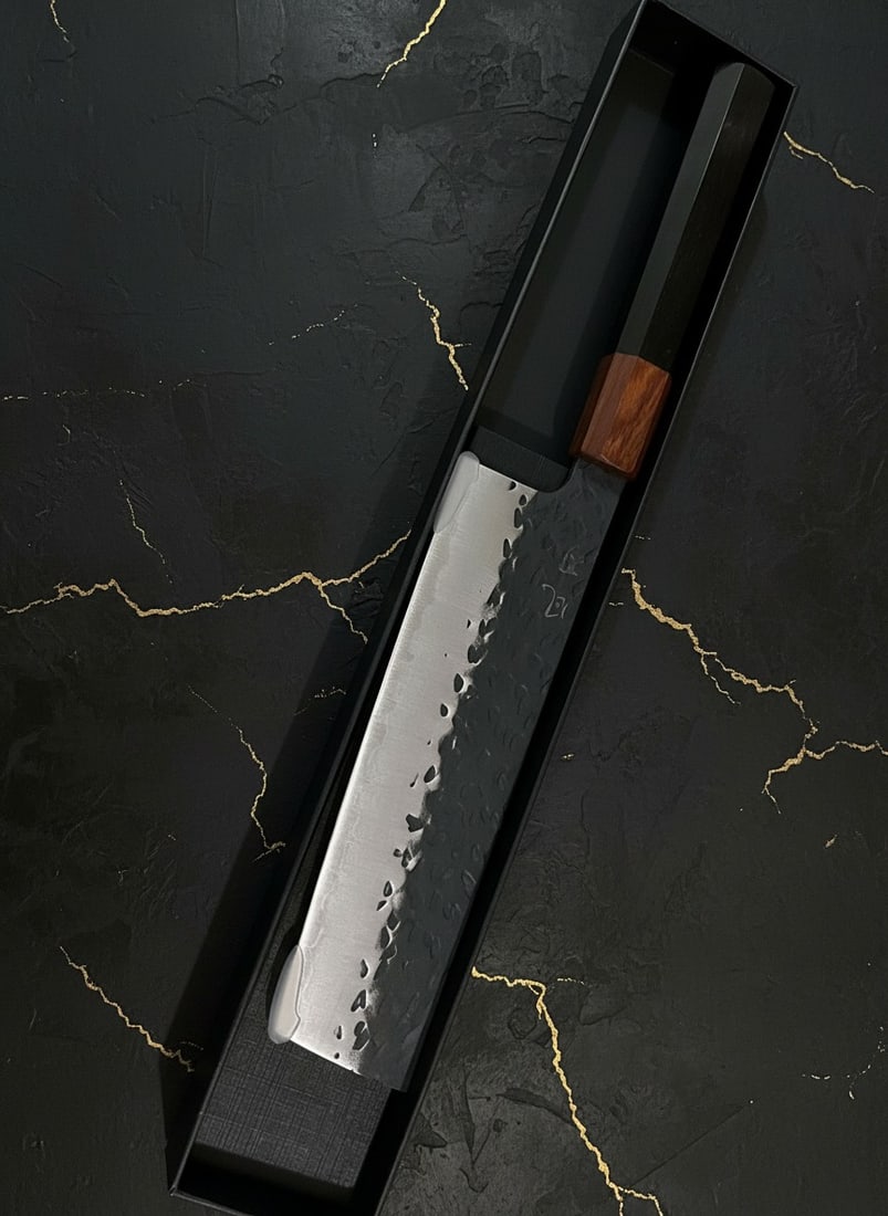 7" Hammered Vegetable Cleaver, 9Cr18 Steel Kurouchi Nakiri, Wood Handle - 4