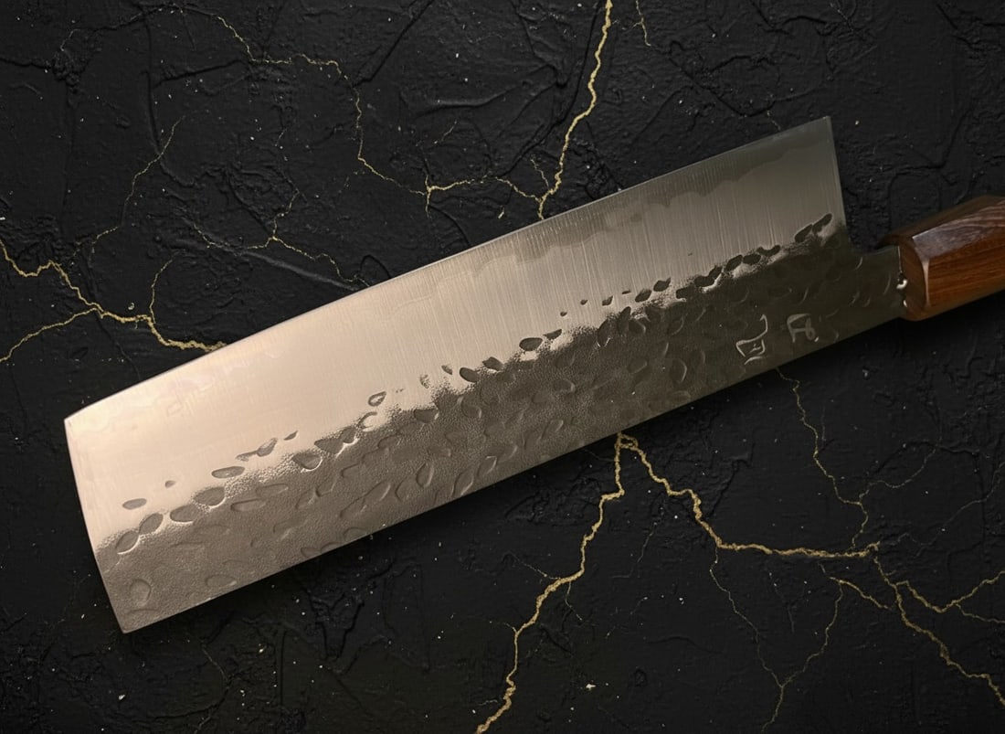 7" Hammered Vegetable Cleaver, 9Cr18 Steel Kurouchi Nakiri, Wood Handle - 6