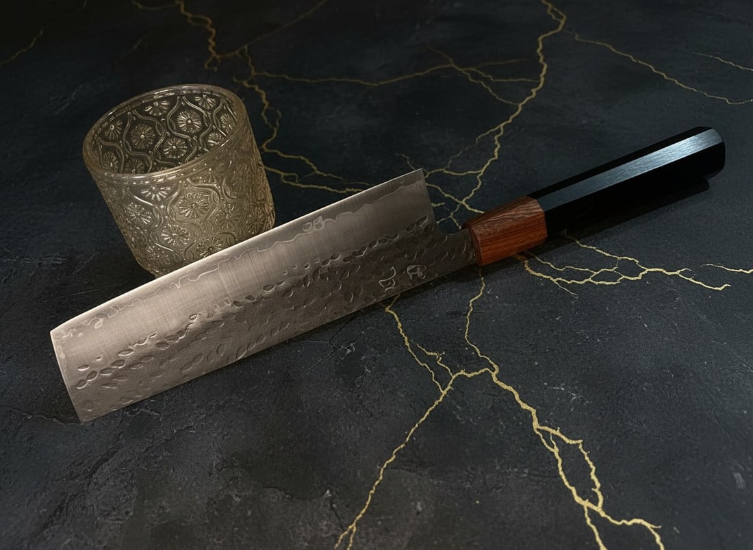 7" Hammered Vegetable Cleaver, 9Cr18 Steel Kurouchi Nakiri, Wood Handle - 8