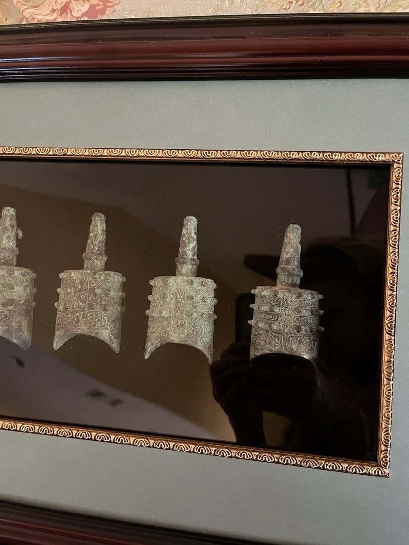 Set of 5 Vintage Bronze Bianzhong Bells Framed Chinese Meditation Decor - 3
