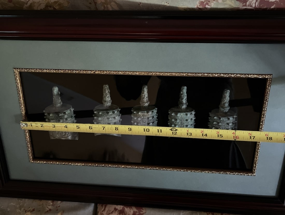 Set of 5 Vintage Bronze Bianzhong Bells Framed Chinese Meditation Decor - 6