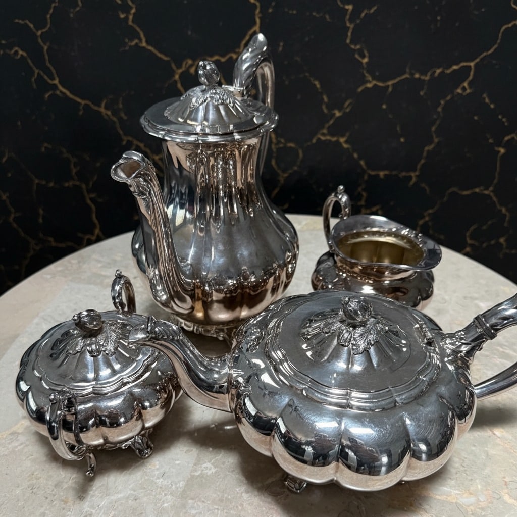 4 Pc Silver Plated Coffee & Tea Service Melon Pattern Sheffield Style Set - 3