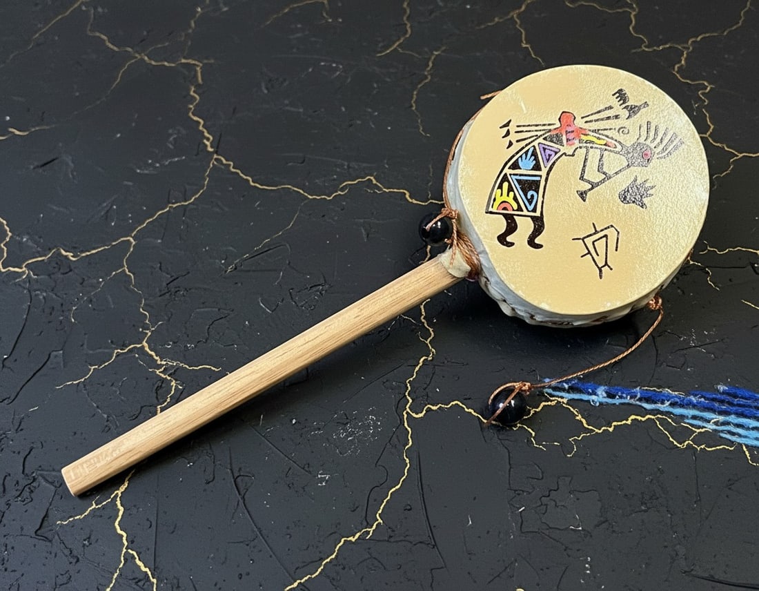 9" Native American Rawhide Drum Rattle with Hand Painted Kokopelli: Title:9" Native American Rawhide Drum Rattle with Hand Painted Kokopelli Description:This genuine Native American drum rattle features a wooden handle, a 3" hoop drum, and bead strikers. It is an idea