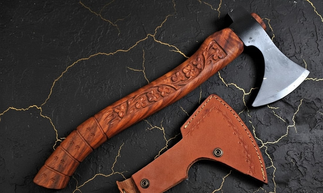 Hand Forged Carbon Steel Tomahawk Axe Engraved Wood Handle Hatchet Tool - 2