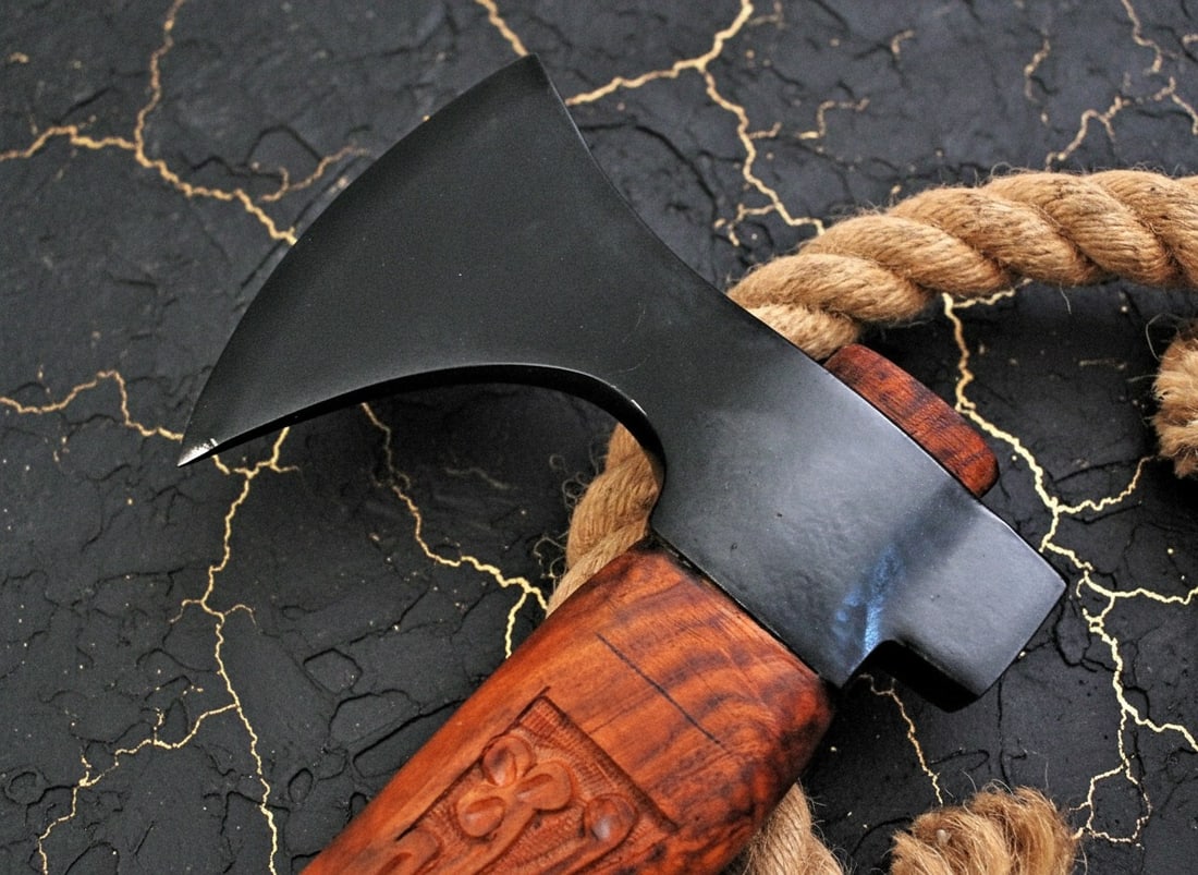 Hand Forged Carbon Steel Tomahawk Axe Engraved Wood Handle Hatchet Tool - 3