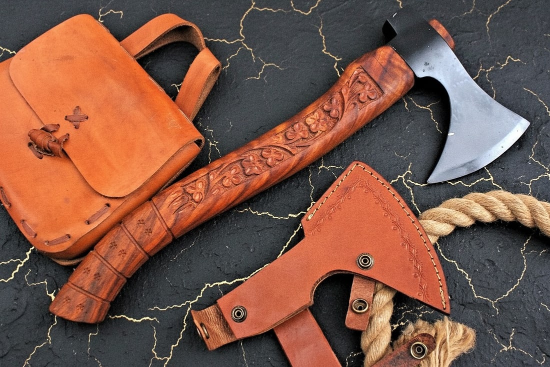 Hand Forged Carbon Steel Tomahawk Axe Engraved Wood Handle Hatchet Tool - 4