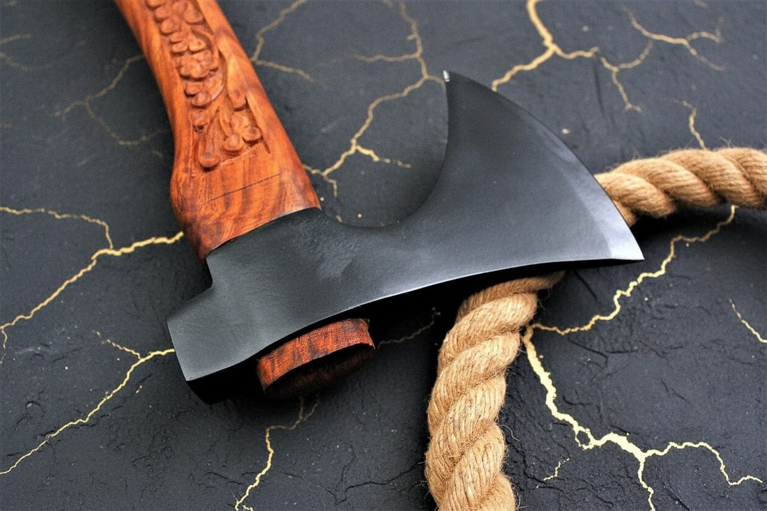 Hand Forged Carbon Steel Tomahawk Axe Engraved Wood Handle Hatchet Tool - 5