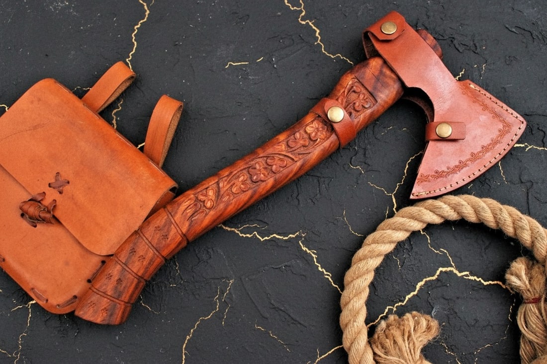 Hand Forged Carbon Steel Tomahawk Axe Engraved Wood Handle Hatchet Tool - 6