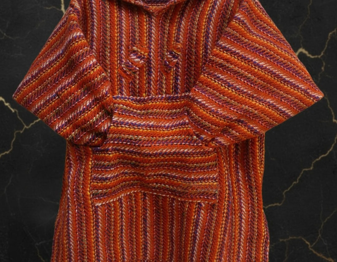 Red Woven Baja Hoodie Pullover with Front Pocket Size Medium - 2