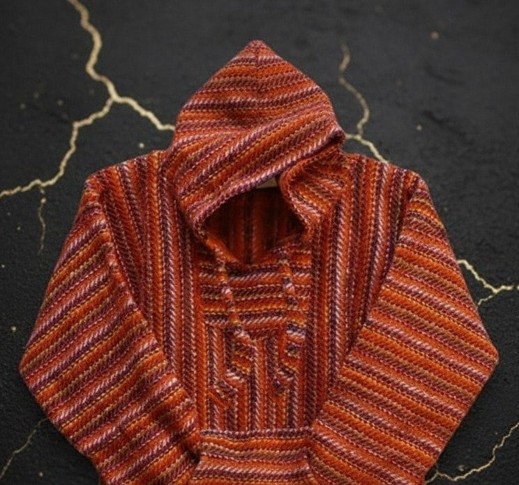 Red Woven Baja Hoodie Pullover with Front Pocket Size Medium - 4