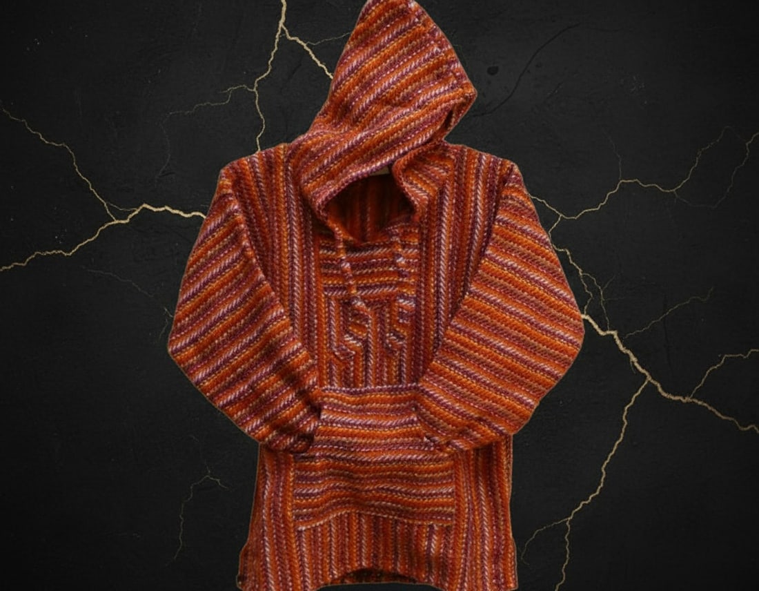 Red Woven Baja Hoodie Pullover with Front Pocket Size Medium - 5