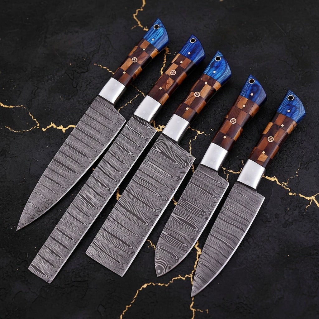 Hand-Forged Damascus Steel Chef Kitchen Knife Set, Blue Accent Blade - 2