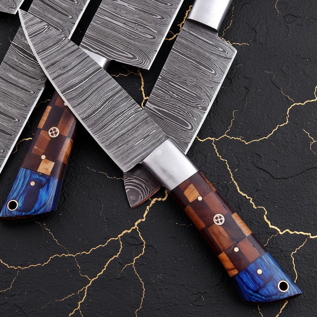 Hand-Forged Damascus Steel Chef Kitchen Knife Set, Blue Accent Blade - 3
