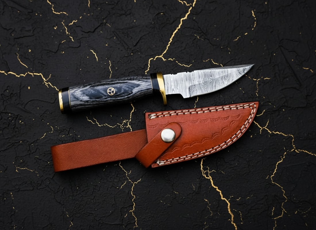 Handcrafted Damascus Steel Skinner Hunting Knife With Wood Handle and Sheath: Title:Handcrafted Damascus Steel Skinner Hunting Knife With Wood Handle and Sheath Description:This fixed blade knife features a sturdy and ergonomic design suitable for outdoor and tactical use. It
